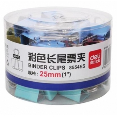 得力 8554 彩色长尾夹 长尾票夹 金属票据夹 燕尾夹 铁夹子 金属 彩色 25mm 48只/筒